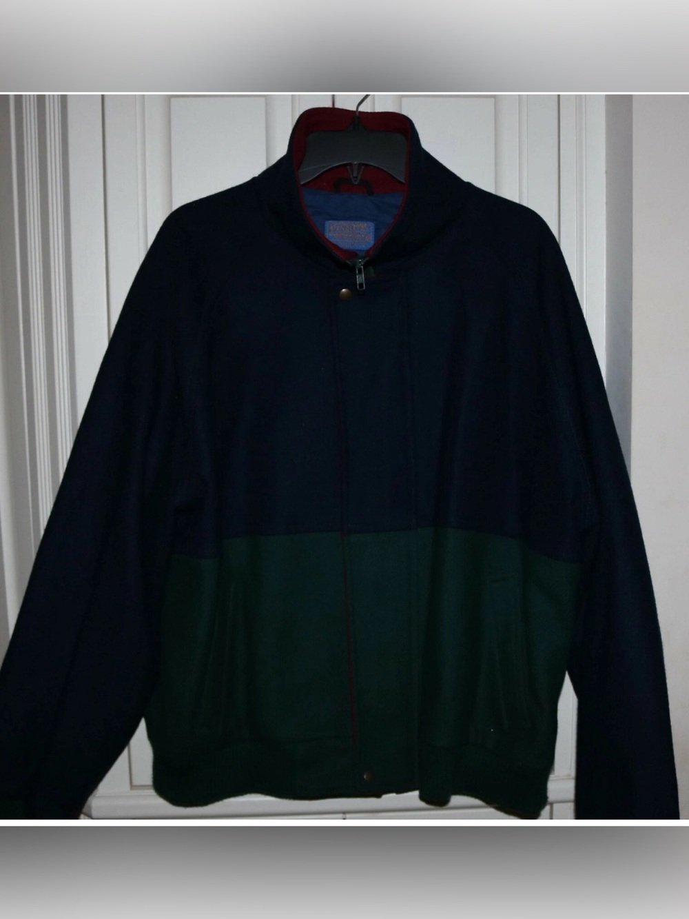 Vintage Men's Pendleton Navy and Green Wool Bomber Jacket - Size XL